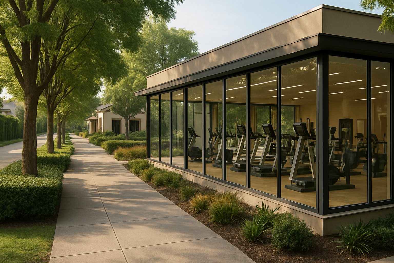 Vista ilustrativa de un gimnasio junto a un paseo comercial arbolado en un entorno suburbano.